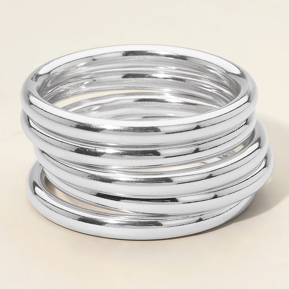 Silver Round 5 Piece Stack Polished Metal Bangle Bracelets Set Layered Jewelry